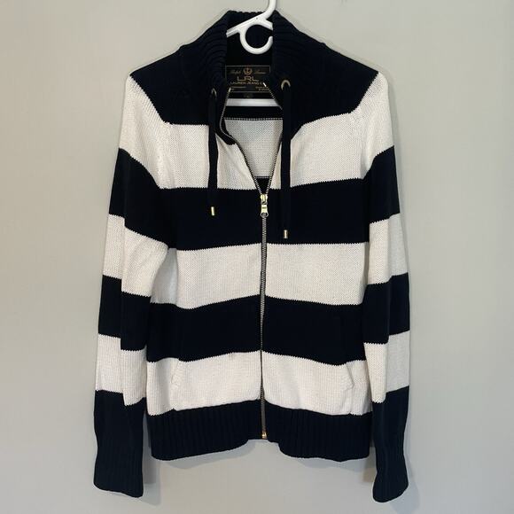 Ralph Lauren LRL Jeans Co Cardigan Sweater Womens Large Striped Full Zip Black - Picture 1 of 8